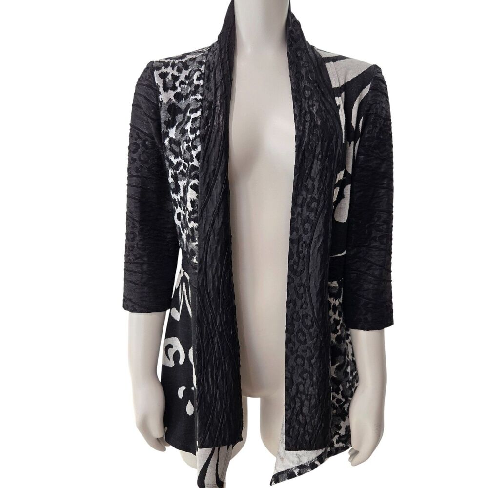 FRANK LYMAN Open Cardigan Size 6 Animal Print 3/4 Sleeve Mixed Textured Black - Picture 1 of 11